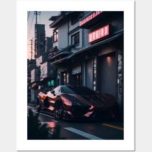 Dark Sports Car in Japanese City Posters and Art